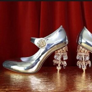 Silver patent Mary Jane Heels with Crystal chandelier heel Detail